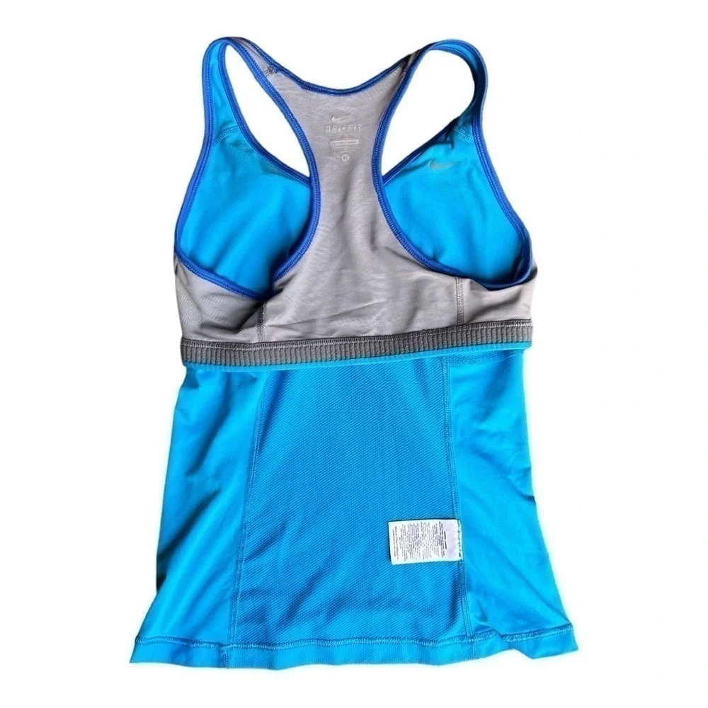 Nike Dri Fit Dedication Tank Top Blue Shelf Bra Support Racer Back Women M